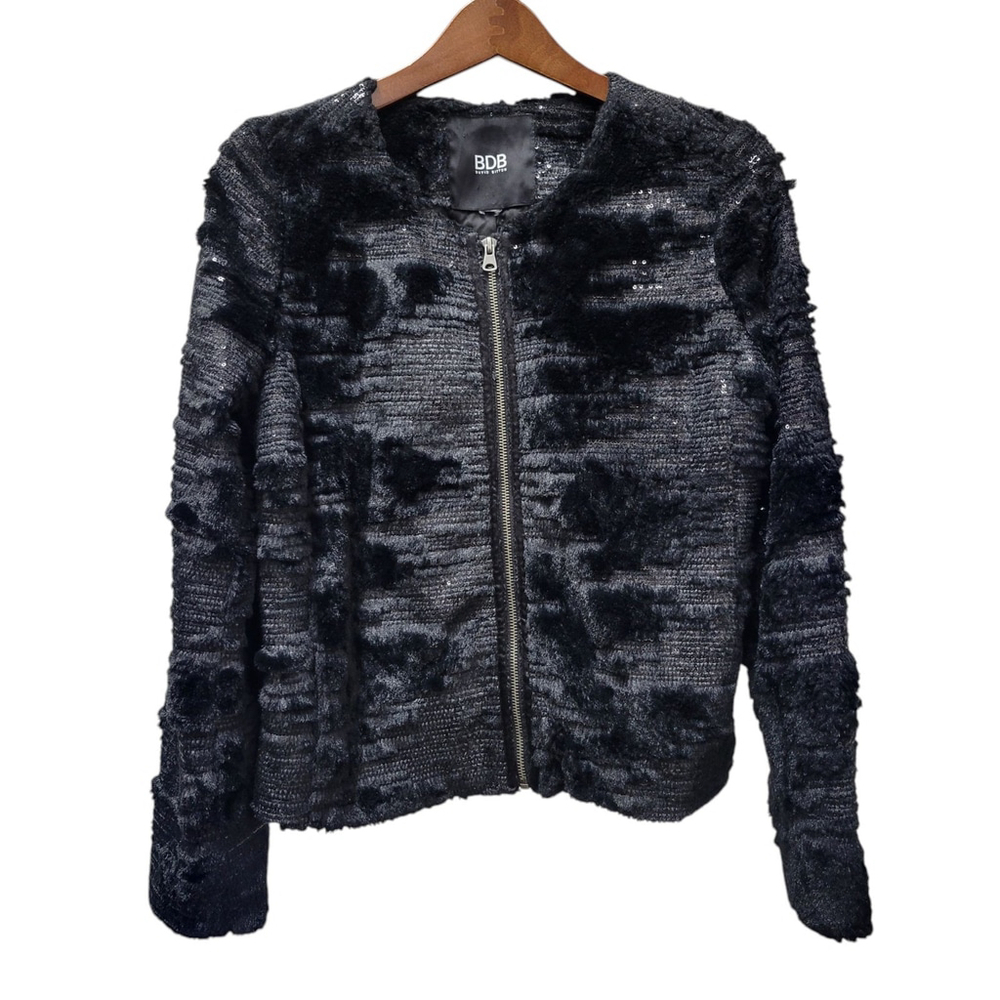 BDB Buffalo David Bitton Womens Medium Black Faux Fur Sequin Jacket Collarless